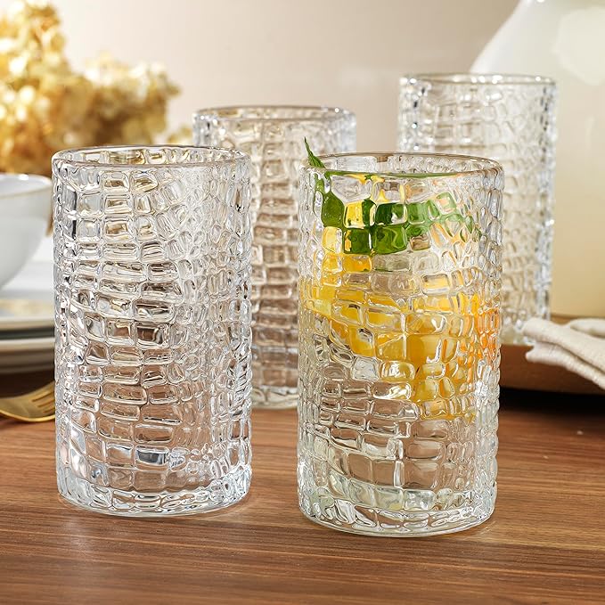 Glaver's Highball Drinking Glasses, Set of 4 Clear 15 Ounce Patent Crackle Design Textured Drinking Glasses Heavy Duty premium Glassware for Everyday Home, Bar use
