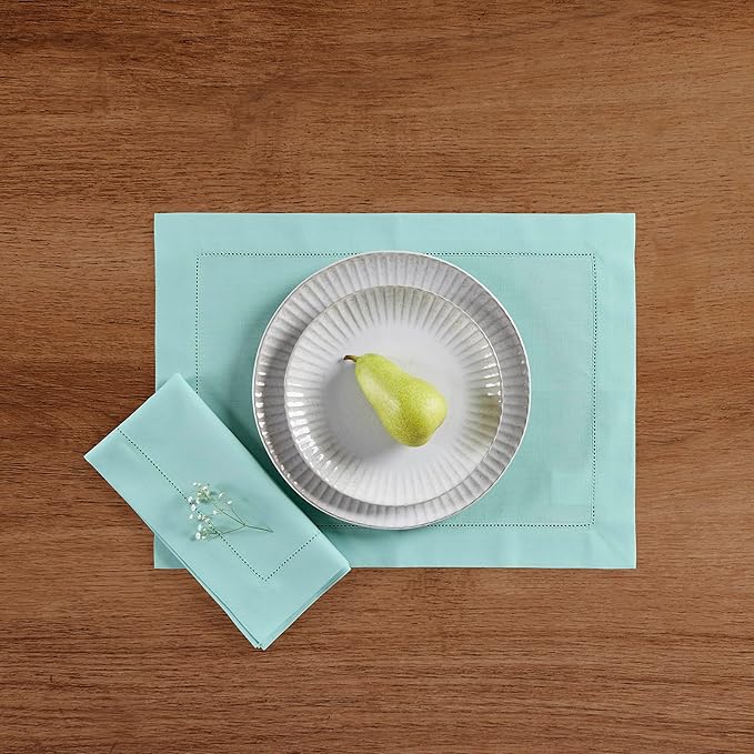 Solino Home Cotton Linen Placemats Set of 4 - Hemstitch Pastel Turquoise Placemats 14 x 19 Inch - Machine Washable Table Mats