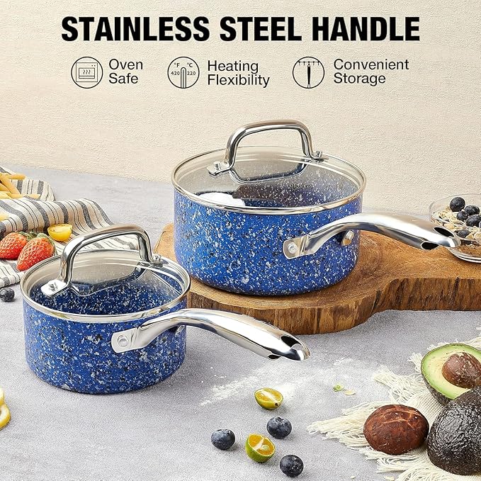 Kitchen Granite Nonstick 1 Quart and 2 Quart Sauce Pan Set with Lid, Multipurpose Pots Set Use for Home Kitchen or Restaurant, Blue