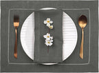 D'Moksha Homes Linen Placemats Set of 4 - Classic Hemstitch Charcoal Grey Placemats 14 x 19 Inch - 100% Pure Linen Table Mats for Holiday, New Year - Handcrafted and Machine Washable