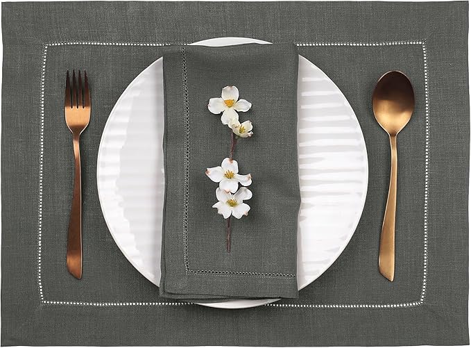 D'Moksha Homes Linen Placemats Set of 4 - Classic Hemstitch Charcoal Grey Placemats 14 x 19 Inch - 100% Pure Linen Table Mats for Holiday, New Year - Handcrafted and Machine Washable