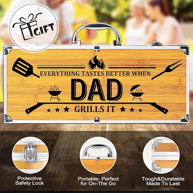 Dad Gifts from Daughter Son, Dad Grilling Birthday Gift Heavy Duty Wooden BBQ Grilling Accessories Kit for Backyard, Thick Stainless Steel Grill Utensils with Non-Slip Handle Tools in Portable Bag