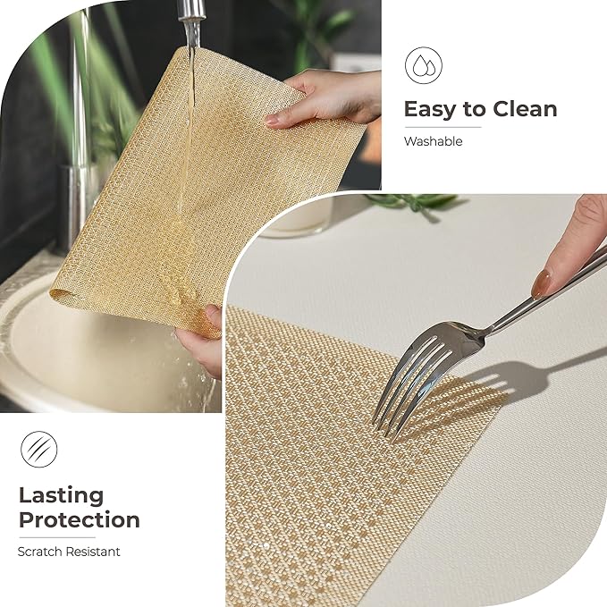 Leetaltree Luxury Gold Sequin Placemats Set of 6 - Waterproof Washable for Wedding, Anniversary, Daily Use - Sparkling Table Decor - Hand-Cut