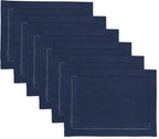 Solino Home Linen Cloth Placemats Set of 6-100% Pure Linen Hemstitch Navy Blue Placemats 14 x 19 Inch - Classic Hemstitch Table Place Mats for Holiday, Winter, New Year