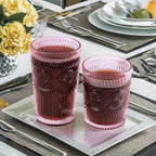 Loivttvv 12pcs Vintage Drinking Glasses Set, 12 oz Highball Glasses & 9 oz Embossed Ribbed Glassware Cups for Cocktail, Water, Juice, Coffee, Whiskey (Pink)