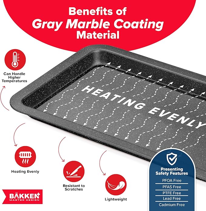 BAKKEN Kitchen Baking Pans - Nonstick Gray Coating, 13.18’’ × 8.66’’ Commercial Grade Carbon Steel Cookie Sheet, Baking Kitchen Essentials, PFOA, PFOS, PTFE Free, Oven Safe Tray (450° F), Gray
