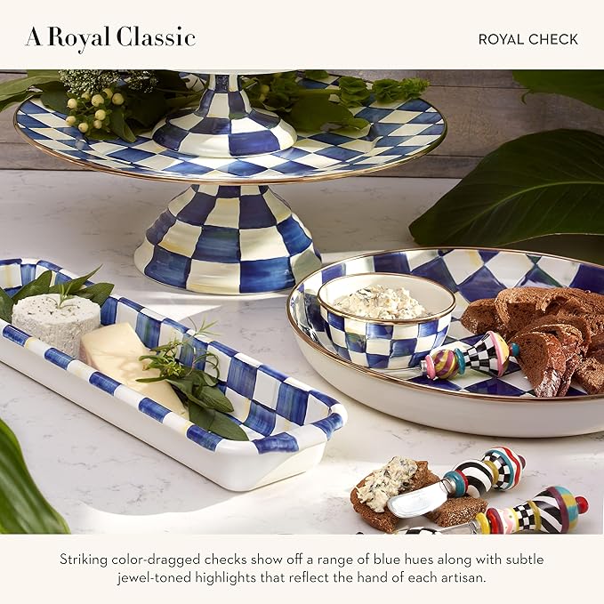MACKENZIE-CHILDS Enamel Abundant Bowl, Decorative or Serving Bowl, 13-Cup Capacity, Blue-and-White Royal Check