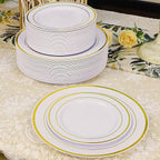 Zcaukya 100PCS Gold Plastic Plates, Disposable Plastic Dishes with Gold Rim in Bulk, 50 Pcs Each 10.25 Inch and 7.5 Inch for Dinner, Birthday and Wedding