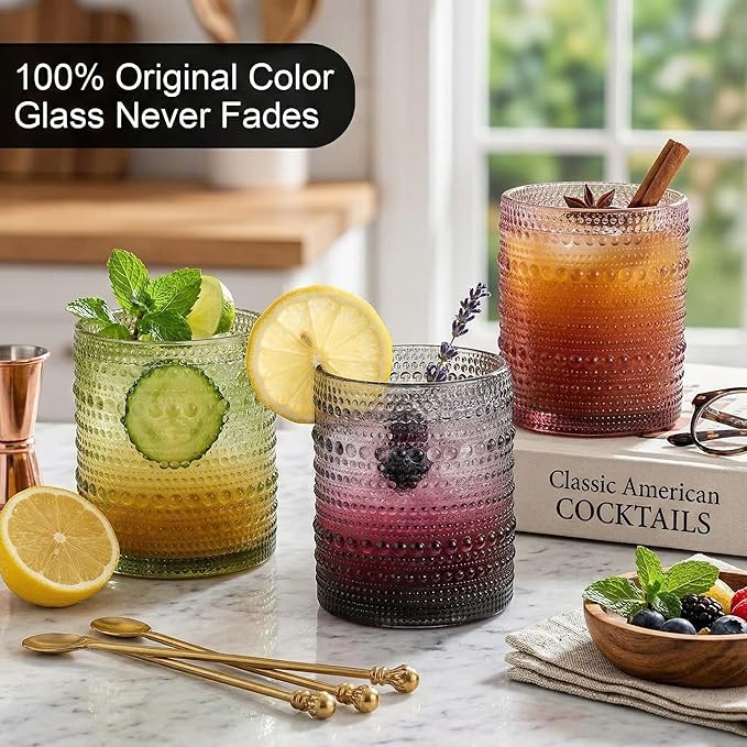 HomeVogue 12oz Colored Hobnail Drinking Glasses Set of 6, Vintage Glassware Old Fashioned Beverage Glasses, Cocktail Glass Set, Kitchen Water Glasses Cup, for Beer, Smoothie, Juice