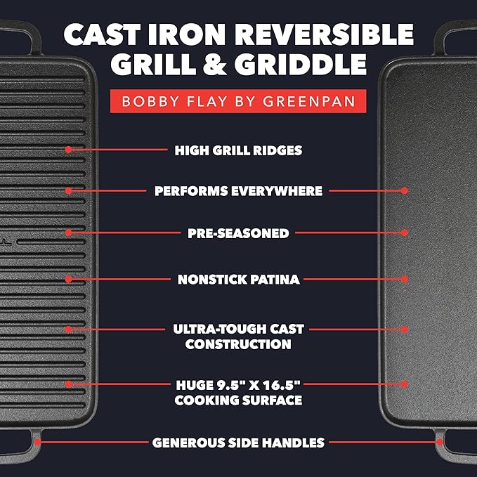 GreenPan x Bobby Flay Cast Iron Pre-Seasoned 16.5 x 9.5” Reversible Double Burner Griddle, Rectangular Grill, Helper Handles, Induction, Versatile Stovetop Oven BBQ & Fire, Indoor & Outdoor Use, Black