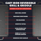 GreenPan x Bobby Flay Cast Iron Pre-Seasoned 16.5 x 9.5” Reversible Double Burner Griddle, Rectangular Grill, Helper Handles, Induction, Versatile Stovetop Oven BBQ & Fire, Indoor & Outdoor Use, Black