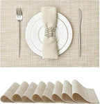 Leetaltree Luxury Beige and Gold Woven Placemats Set of 8 - Waterproof Washable Textured Table Mats for Wedding, Anniversary, Daily Use - Sparkling Metallic Thread Table Decor - Hand-Cut