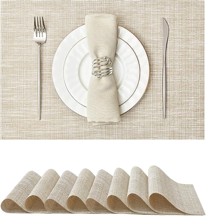 Leetaltree Luxury Beige and Gold Woven Placemats Set of 8 - Waterproof Washable Textured Table Mats for Wedding, Anniversary, Daily Use - Sparkling Metallic Thread Table Decor - Hand-Cut