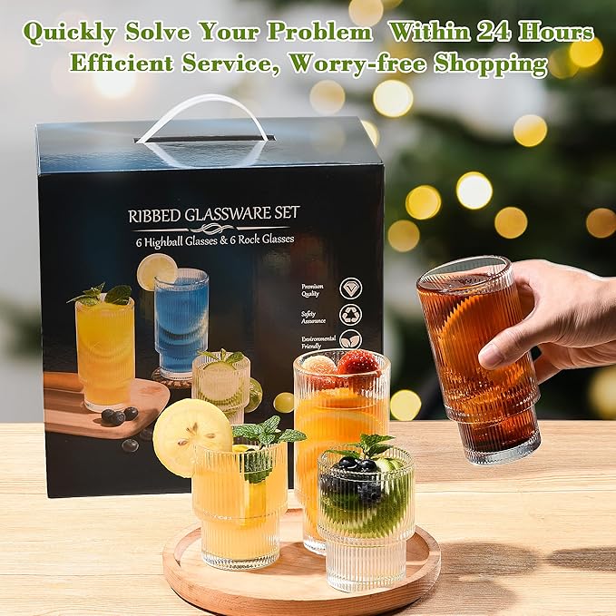 ISMASOAN Small Ribbed Glassware Set of 12, Glass Cups 12 oz and 7 oz, Fluted Glassware, Stackable Glasses, Cups for Kitchen, Gift Box Set