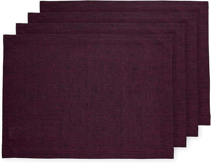 Solino Home Linen Placemats Set of 4-100% Pure Linen Chambray Burgundy Cloth Placemats 14 x 19 Inch for Valentines, Holiday, Winter, New Year - Athena