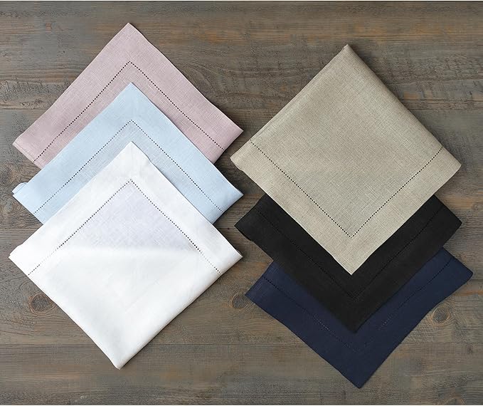 Solino Home Linen Napkins Set of 4 - Classic Hemstitch 100% Pure Linen Moss Green Dinner Napkins Cloth 20 x 20 Inch for Winter - Handcrafted and Machine Washable
