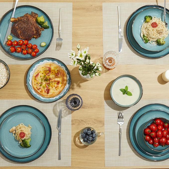 Pokini 24 Piece Stoneware Dinnerware Set for 8, Reactive Glaze Plates and Bowls Sets | Designed for Holiday Dinners, Thanksgiving, Party Hosting | Durable Irregular Coastal Design, Green Black