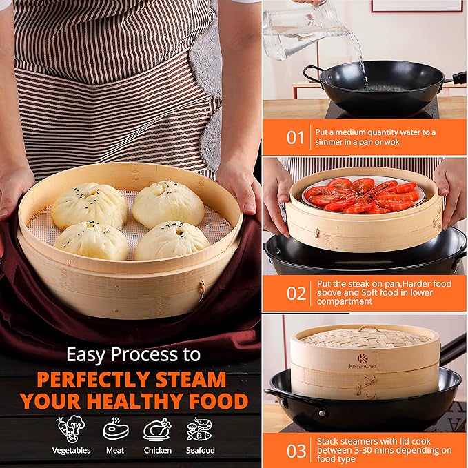 KITCHENCRUST Bamboo Steamer Basket for Chinese Asian Cuisine - 2 Tier 10-Inch Steaming Basket Bun Vegetable Bao Buns, Sauce Dish, Chopsticks, Reusable Liners