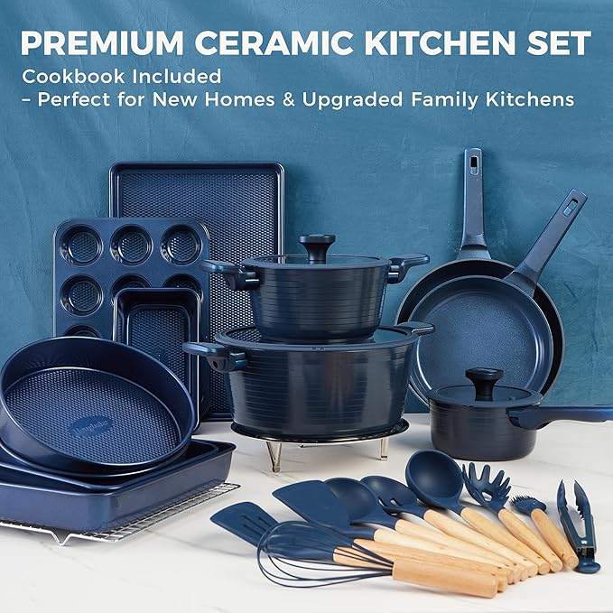 HONGBAKE Pots and Pans Set Nonstick, 26 Pcs All-in-One Kitchen Starter Set with Cookware, Bakeware & Silicone Utensils, Non Toxic Ceramic Coating, Induction & Oven Safe, PFOA PFOS Free, Blue