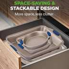 NutriChef 8-Piece Nonstick Bakeware Set - Heavy Duty Carbon Steel Baking Pans w/ Blue Silicone Handles - Pizza Crisper, Muffin & Loaf Pan, Round & Square Pans, Cookie Sheet - Champagne Gold