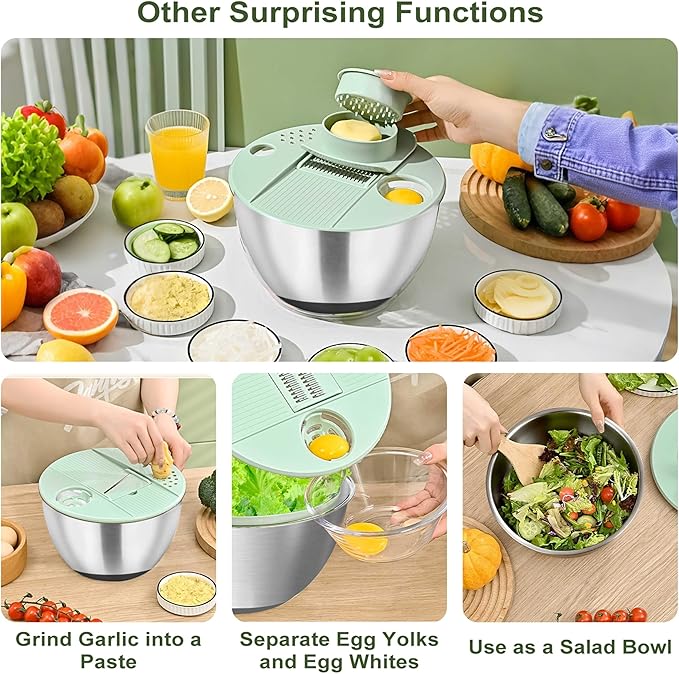 Stainless Steel Salad Spinner, 5.2 Qt Lettuce Spinner with Drain and 3-in-1 Mixing Bowl with 6 Blade Slicer, Multifunctional for Salad, Fruits