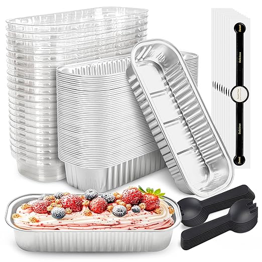 NPLUX 50 PACK Mini Cake Pans with Lids and Spoons, Rectangular Aluminum Foil Bread Pan, Mini Loaf Pans and Food Containers with Lids(Silver, 6.8oz)
