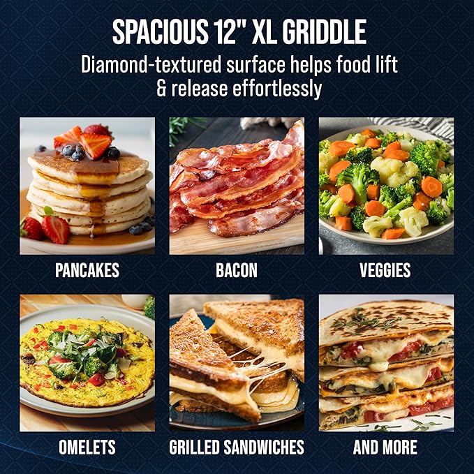 Blue Diamond Hybrid Nonstick Stainless Steel 12" Griddle Pan, XL Skillet, PFAS-Free Ceramic Diamond Bond Searing, Pancakes & Omelets, Dishwasher Safe, Stay-Cool Handle, Induction Ready, All Cooktops
