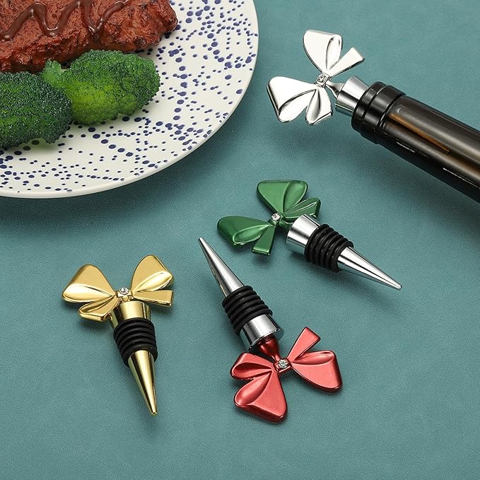 uxcell 2 Pcs Bow Wine Stopper, Reusable Wine Stoppers Airtight Leak-proof Bottle Plugs Liquor Saver Beer Beverage Glass Bottles Stopper for Bar Holiday Party Home Decor, Silver