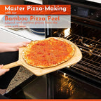 Loftern Wooden Pizza Peel 14 Inch Board with Engraved Sizes - Multi-Purpose Bamboo Pizza Cutting Board, Wood Pizza Peel, Pizza Spatula Paddle, and Serving Board with Size and Cutting Guide