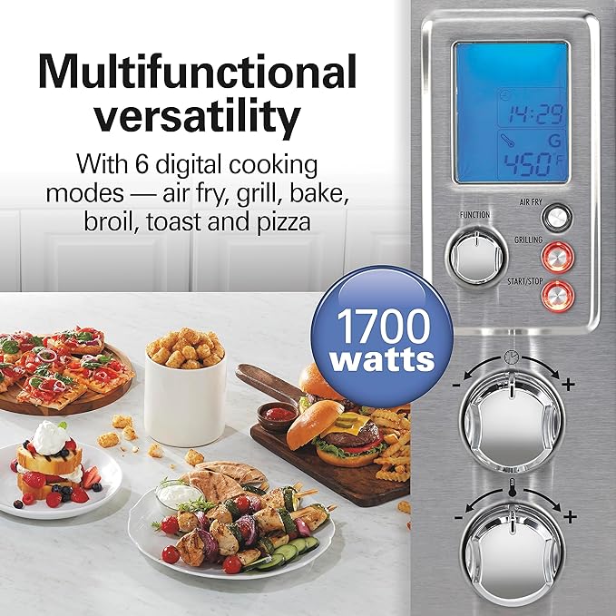 Hamilton Beach 6-in-1 Sure Crisp Air Fryer Toaster Oven Combo & Electric Indoor Grill, 450 F Searing Temp, Bake, Broil, Toast and Pizza Function, .88 cu. ft., 6 Slice Capacity, Stainless Steel (31395)