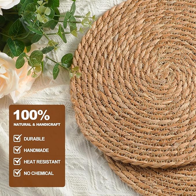 Round Woven Placemats 13 Inch Set of 10 - Boho Rattan Placemat Natural Water Hyacinth Placemats, Farmhouse Weave Place Mats, Rustic Braided Wicker Table Mats for Dining Table,Home,Wedding