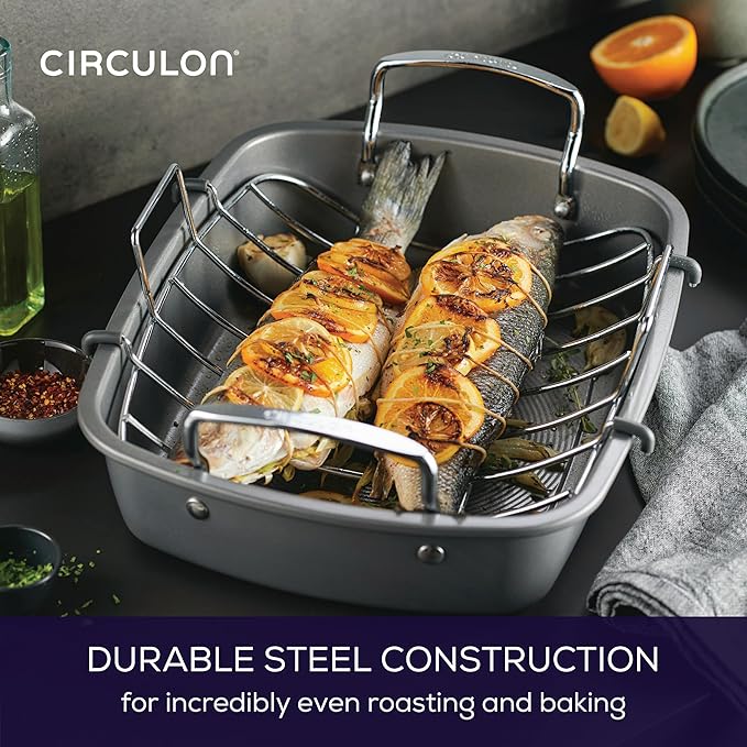 Circulon Total Bakeware Nonstick Roaster, Roasting Pan with Rack, 17-Inch x 13-Inch, Gray