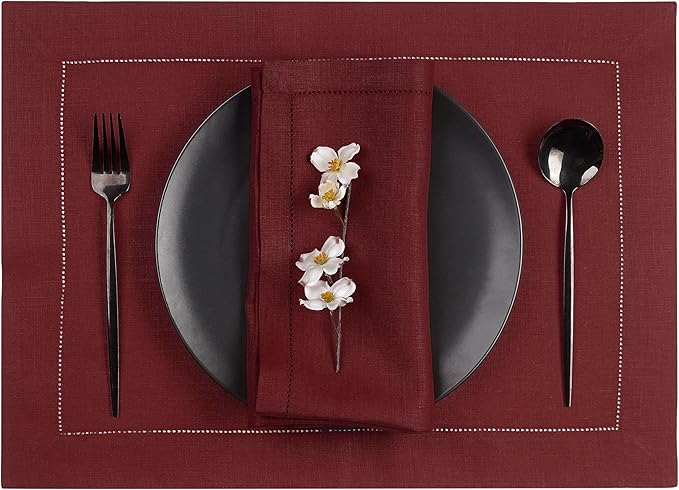 D'Moksha Homes Linen Placemats Set of 4 - Classic Hemstitch Dark Red Placemats 14 x 19 Inch - 100% Pure Linen Table Mats for Valentines, Holiday, New Year - Handcrafted and Machine Washable