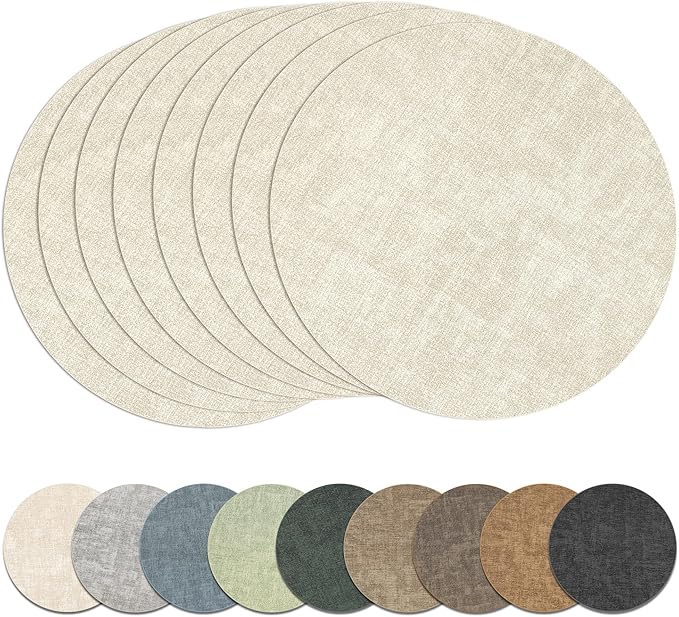 13" Round Placemats Set of 8, Reversible Faux Leather Heat Resistant Table Mats, 100% Waterproof Oilproof Wipeable Table Protective Placemats for Vinyl, Washable for Indoor & Outdoor Use (8, Beige)