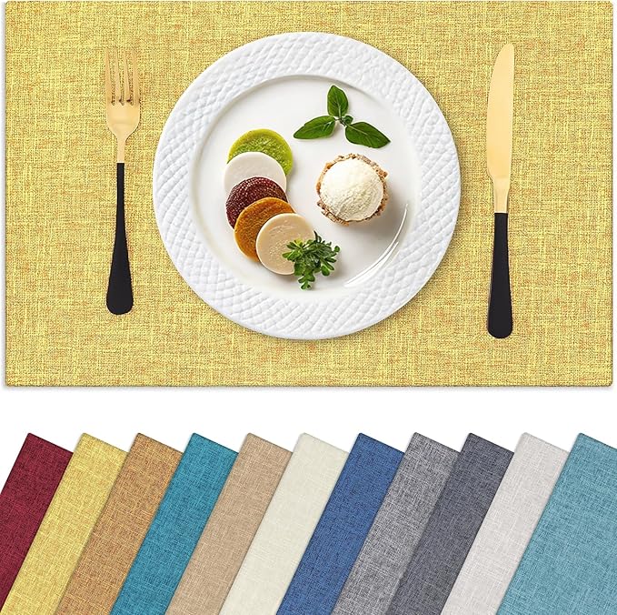 Homaxy Cloths Placemats for Dining Table Set of 8, Heat Resistant Washable Cotton Linen Blend Table Mats, Ideal for Kitchen Party Dining Decoration, 13" x 19", Mustard Yellow