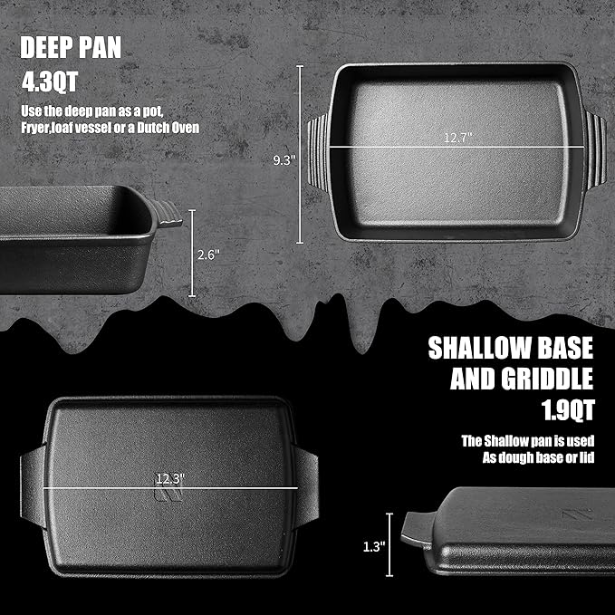 Northriver Casting 2-In-1 Pre Seasoned Cast Iron Dutch Oven With Skillet Lid,Casserole Dish,Rectangular Baking Pan,Griddle Pot Set, 6QT, 9"x13"