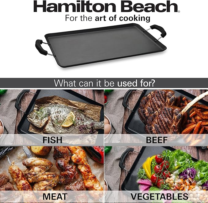 Hamilton Beach Nonstick Double Griddle 19x11-Inch - Black Aluminum Griddle with Soft Touch Bakelite Handle - Flared Edge - Spiral Bottom, Easy to Clean, Multipurpose Use - Durable & Dishwasher Safe