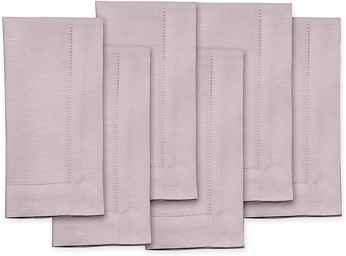 Solino Home Linen Napkins Set of 6 - Classic Hemstitch 100% Pure Linen Lilac Dinner Napkins Cloth 20 x 20 Inch for Valentines - Handcrafted and Machine Washable
