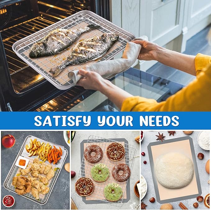P&P CHEF 12.5 x 9.7 x 1 Inch Toaster Oven Pan with Grid Rack and Silicone Mat, Stainless Steel Toaster Oven Tray Baking Pan with Cooling Roasting Rack, Dishwasher Safe (3Pcs)