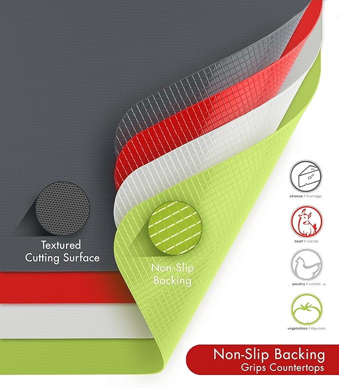 Dexas Heavy Duty Grippmat Flexible Cutting Board Set of Four, 8 by 11 inches, Gray, Red, White and Green