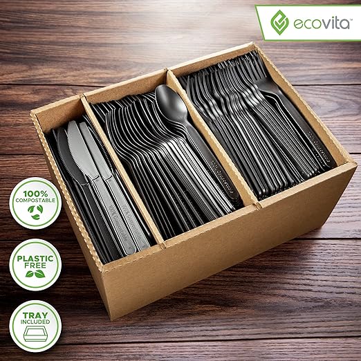 Ecovita 100% Compostable Forks Spoons Knives Cutlery Combo Set - 380 Large Disposable Utensils (7 in.) Eco Friendly Durable and Heat Resistant Alternative to Plastic Silverware with Convenient Tray