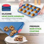 NutriChef 6-Piece Bakeware Set - Nonstick Carbon Steel Baking Pans with Red Silicone Handles, Blue Coating, Durable & Stain-Resistant, Perfect for Baking Cakes, Muffins, Cookies (Blue)