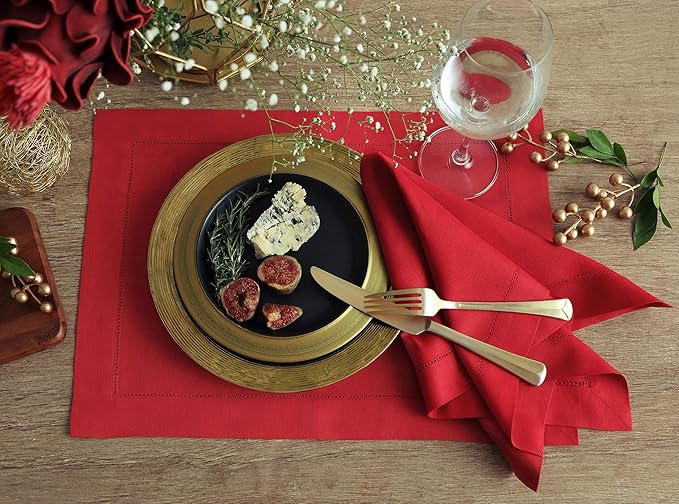 Solino Home Linen Placemats Set of 4 - Classic Hemstitch Red Placemats 14 x 19 Inch - 100% Pure Linen Table Mats for Holiday