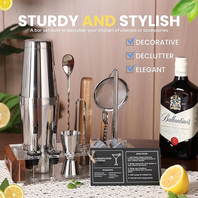 Mixology Bartender Kit with Stand - 15 Piece Bar Tool Set, Silver Bar Set Cocktail Shaker Set for Drink Mixing - Includes Martini Shaker, Jigger, Strainer, Bar Mixer Spoon, Tongs, Opener | Gift Idea