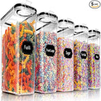 PRAKI 5PCS Cereal Containers Storage Set, BPA Free Airtight Food Storage Container Set with Lids, Kitchen Pantry Organization and Storage for Sugar, Baking Supplies with 20 Labels & Mark(4L Black)