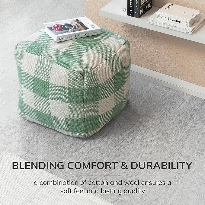 Anji Mountain 100% Handmade & Handcrafted Comfortable Home Décor Pouf Ottoman Footrest for Living Room, Bedroom, Nursery, Kidsroom, Patio Furniture - (20" x 20" x 20"- Green,Ivory)