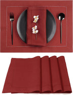 D'Moksha Homes Red Linen Placemats Set of 4 - Classic Hemstitch Placemats 14 x 19 Inch - 100% Pure Linen Table Mats for Valentines, Holiday, New Year - Handcrafted and Machine Washable