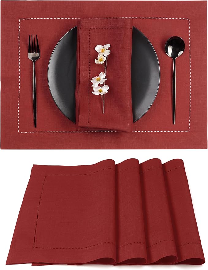D'Moksha Homes Red Linen Placemats Set of 4 - Classic Hemstitch Placemats 14 x 19 Inch - 100% Pure Linen Table Mats for Valentines, Holiday, New Year - Handcrafted and Machine Washable
