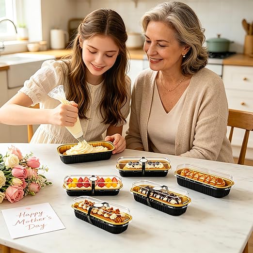 NPLUX 100 Pack Mini Cake Pans with Lids and Spoons Black Gold Rectangular Aluminum Foil Baking Pans Mini Cheesecake Containers(6.8oz)