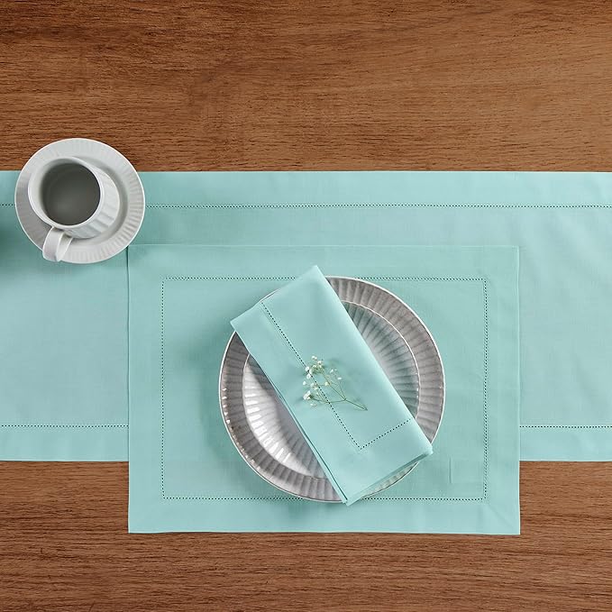 Solino Home Cotton Linen Placemats Set of 4 - Hemstitch Pastel Turquoise Placemats 14 x 19 Inch - Machine Washable Table Mats